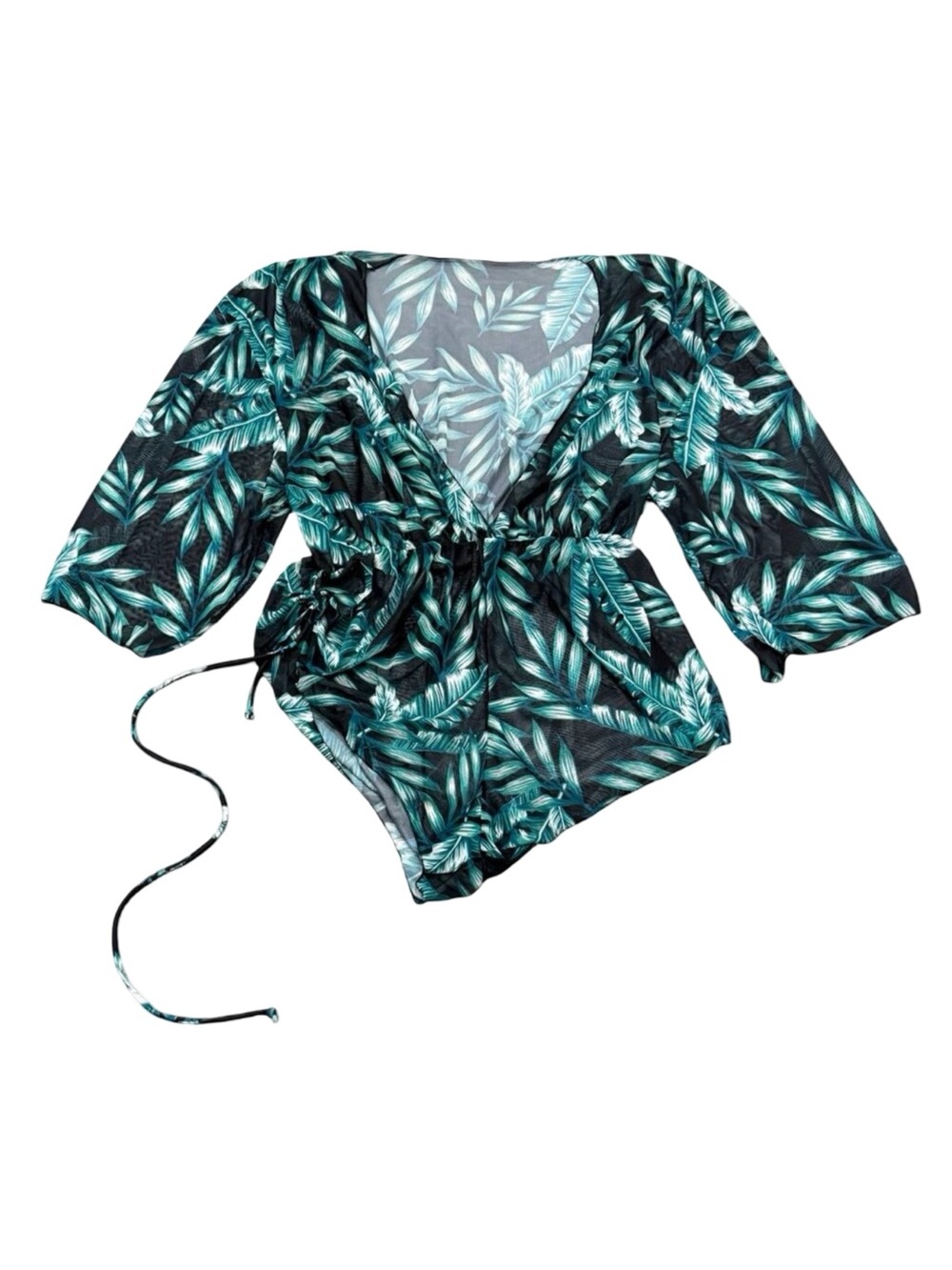 Women’s Tropical Print Mesh Bodysuit Green Black Quarter Sleeve Sheer 2010s